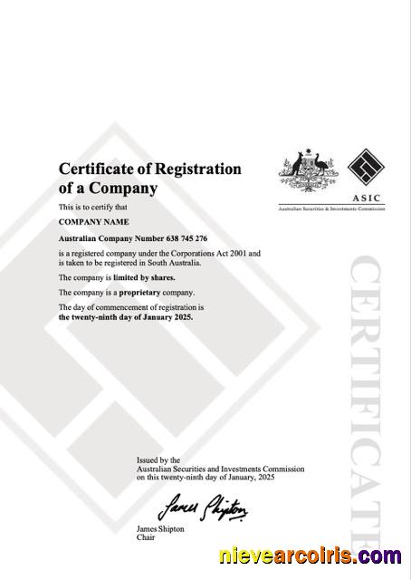 Australia certificate of company registration, version 2